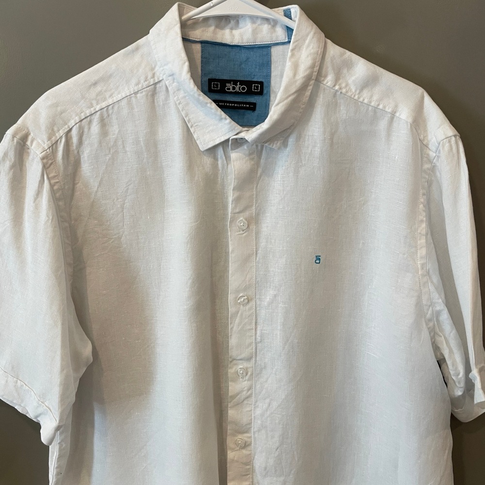 Abito Metropolitan Mens White 100% Linen Short Sleeve Button Down Shirt Size L